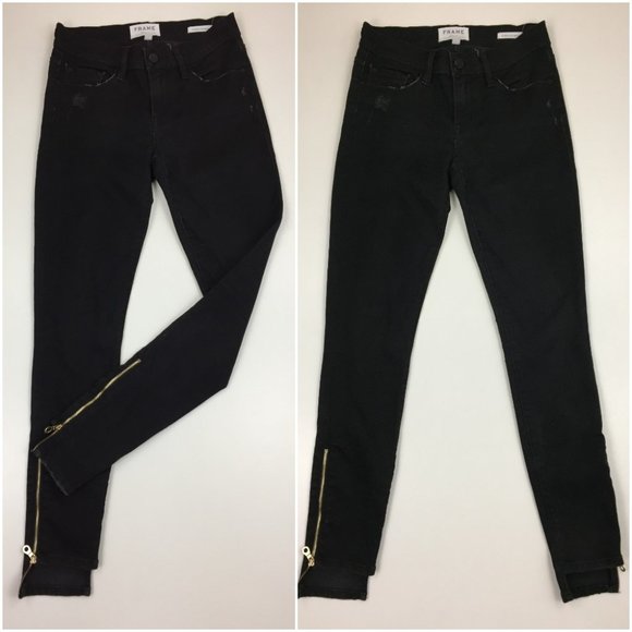 FRAME Le Skinny De Jeanne Graphite Long Ankle Zip Distressed Step Hem Jeans - Picture 1 of 13